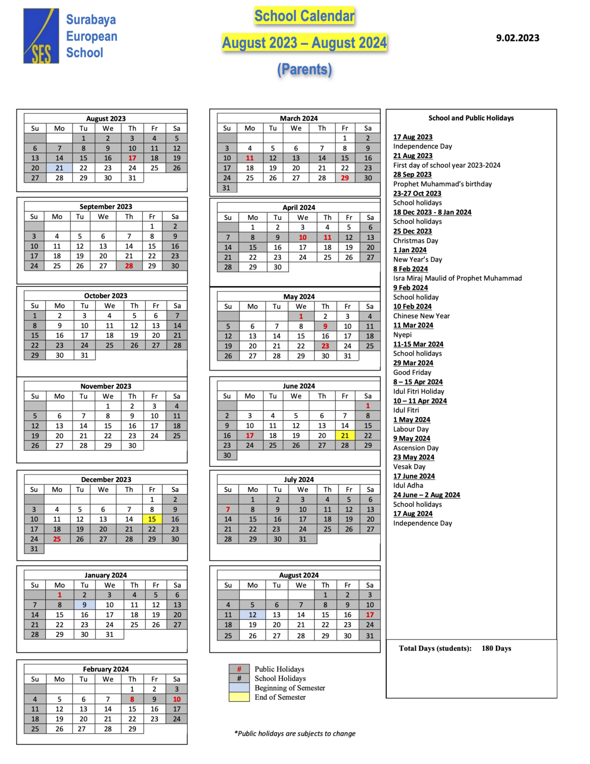 Surabaya International School Calendar
